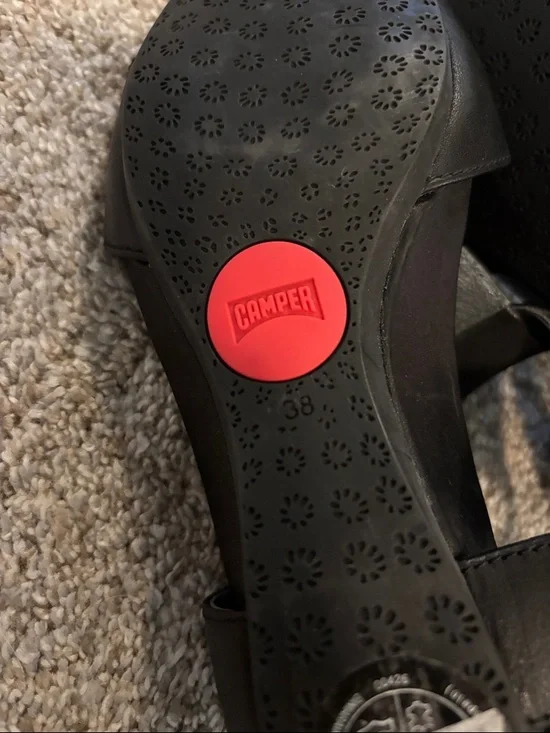 NWOT Camper Black Leather velcro closure wedge Sandals 7 - Picture 6 of 8